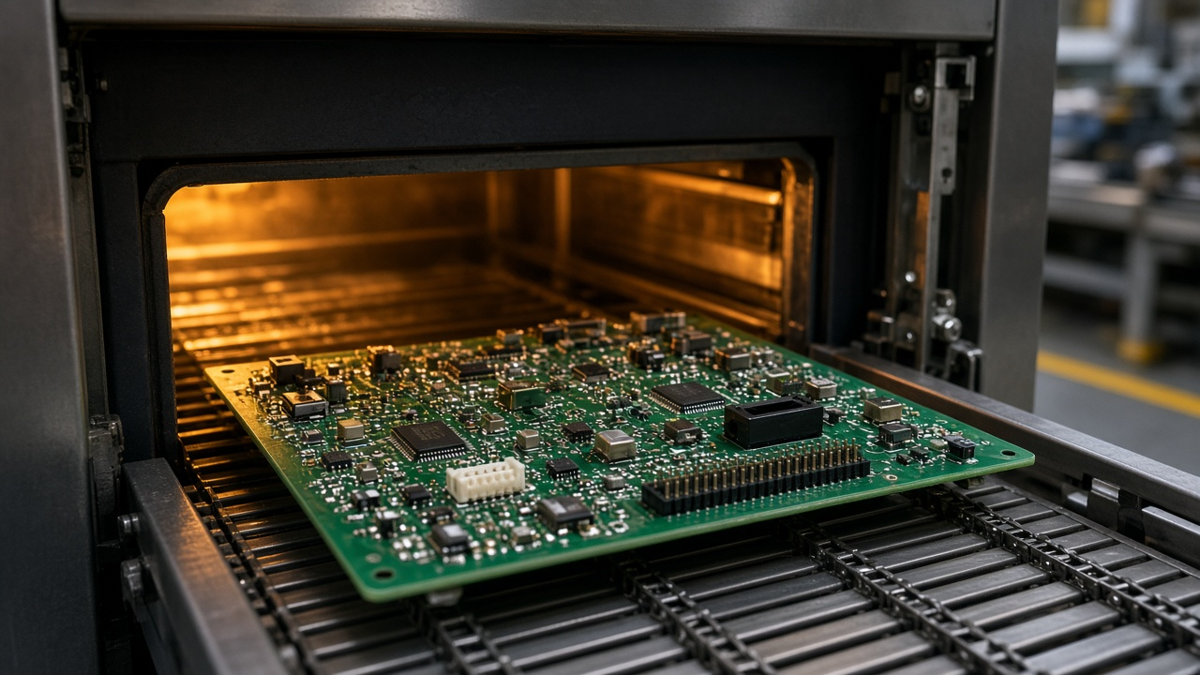Mixed-technology PCBA leaving a reflow oven with SMT and through-hole solder joints visible