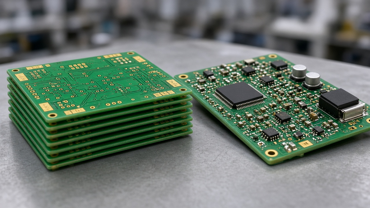 CAM engineer reviewing a quick-turn prototype PCB beside freshly fabricated bare boards