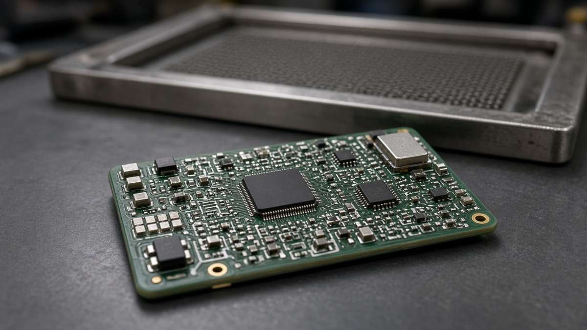 Freshly assembled quick-turn prototype PCBA on an inspection bench with a stencil frame behind it