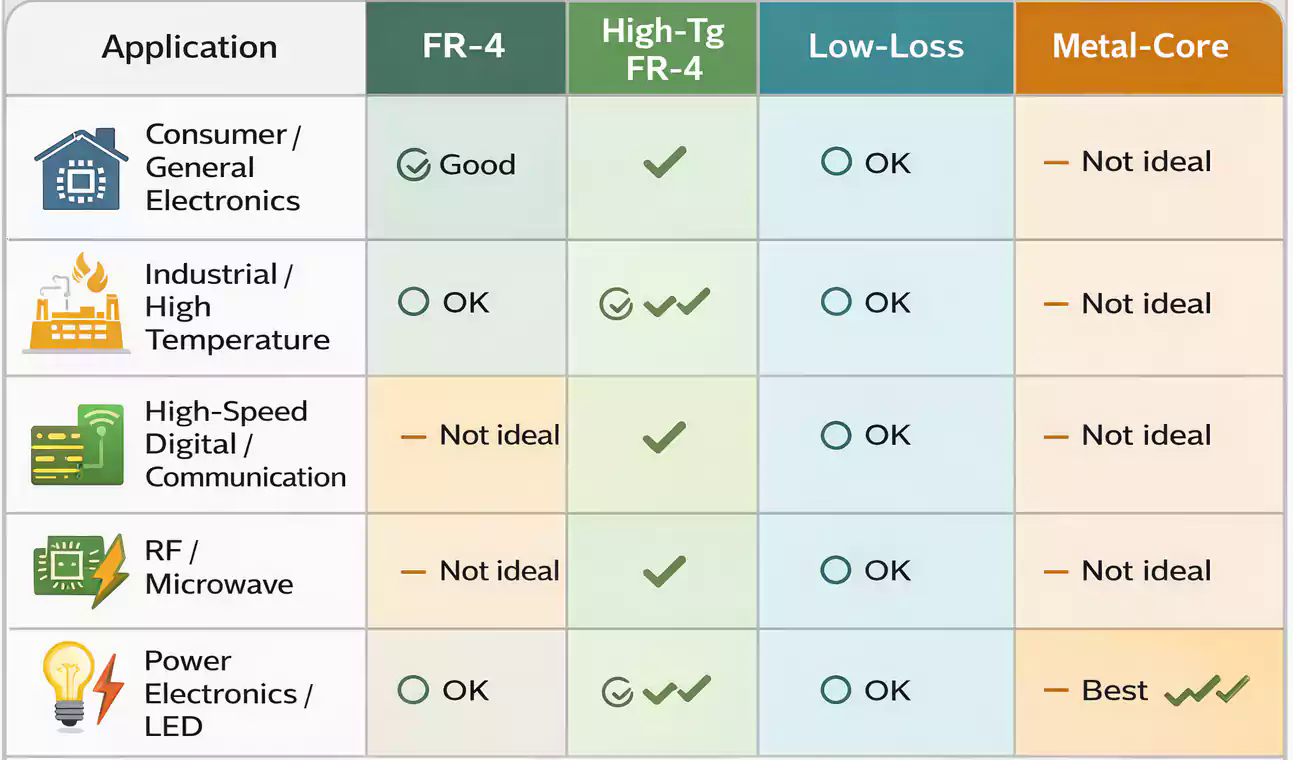 Recommended PCB materials by application matrix for FR-4 high-Tg low-loss and metal-core