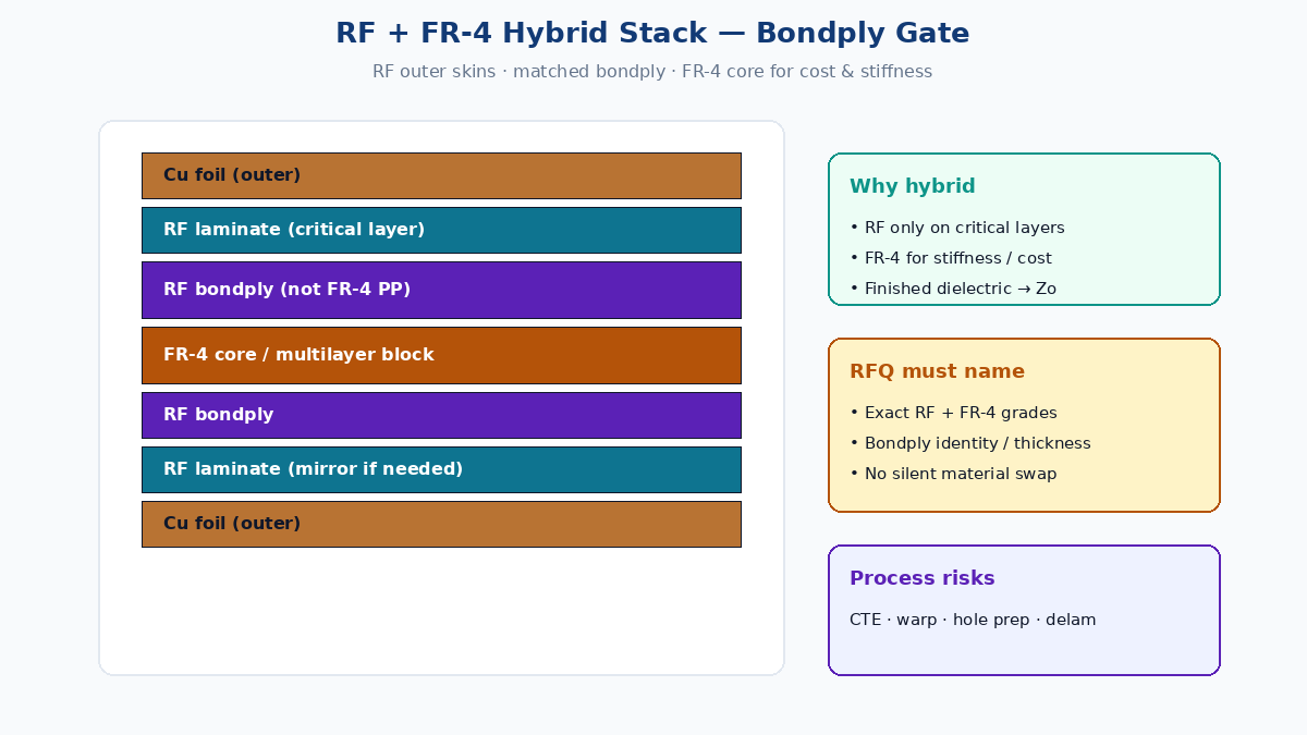 RF + FR-4 hybrid PCB stack: RF outer layers bonded to FR-4 core with bondply
