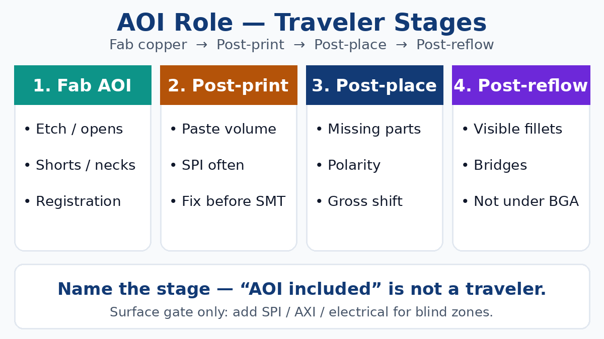 AOI role for PCBs — traveler stages and buyer gates