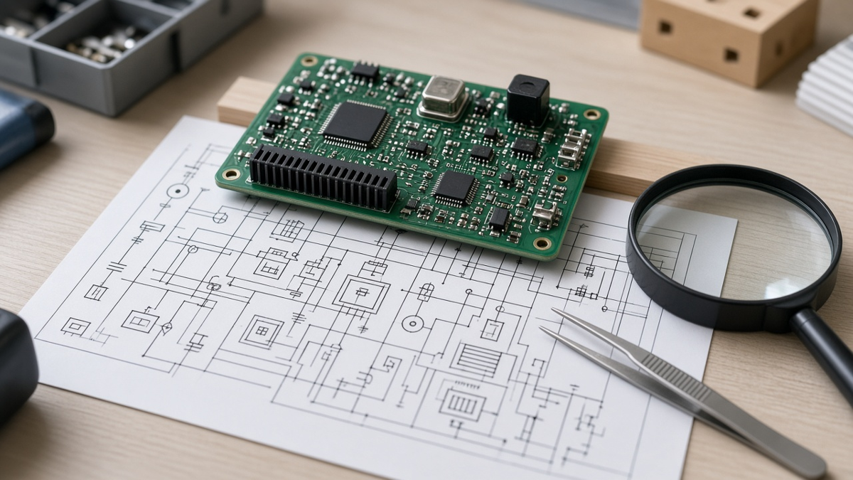 Engineer reviewing a printed schematic beside an assembled PCB with marked reference designators and polarized parts