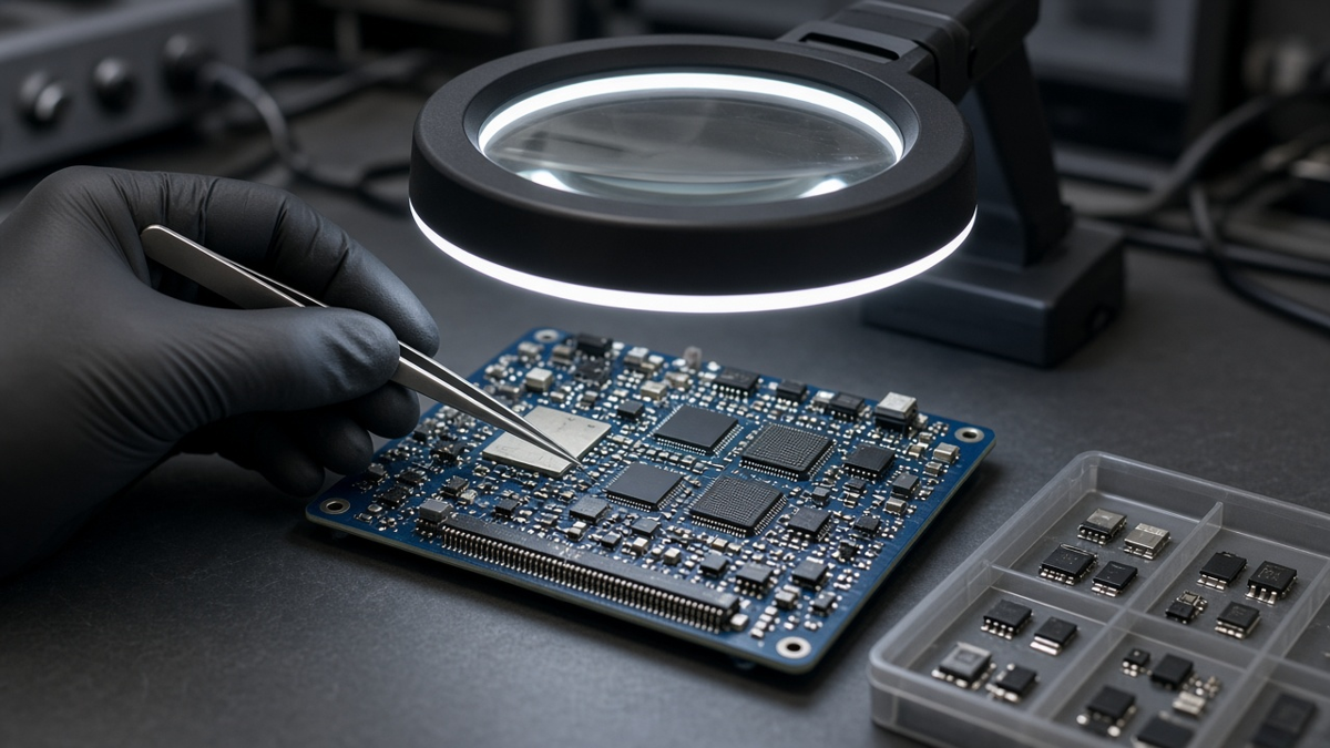 Engineer comparing a printed BOM against an assembled PCB with tweezers and a magnifier at a review bench