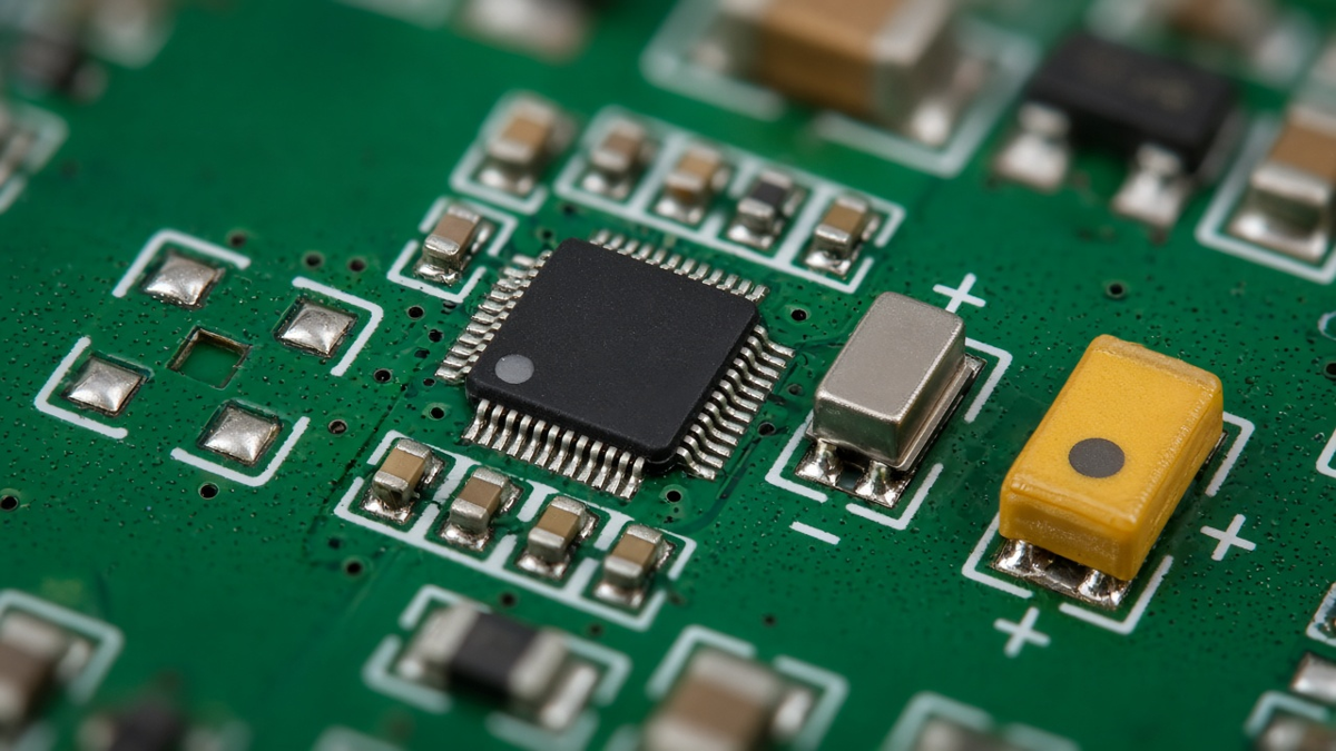 Assembled PCB close-up with reference designators, polarity marks and pin-1 indicators visible on silkscreen