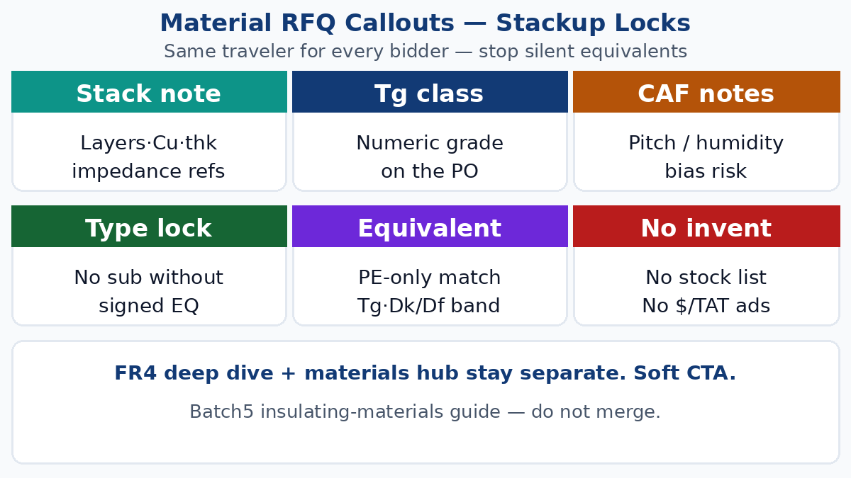 PCB material RFQ gates — Tg class, Dk/Df, family, stackup locks