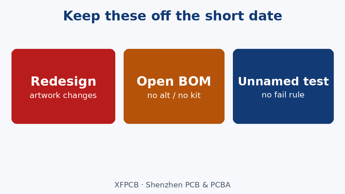 Keep redesign, open BOM and unnamed test off the short date