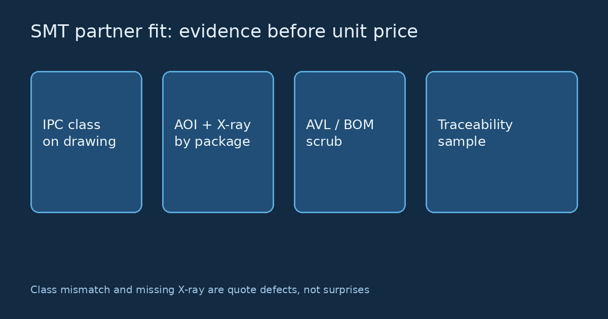 SMT assembly line where process class and inspection coverage decide yield