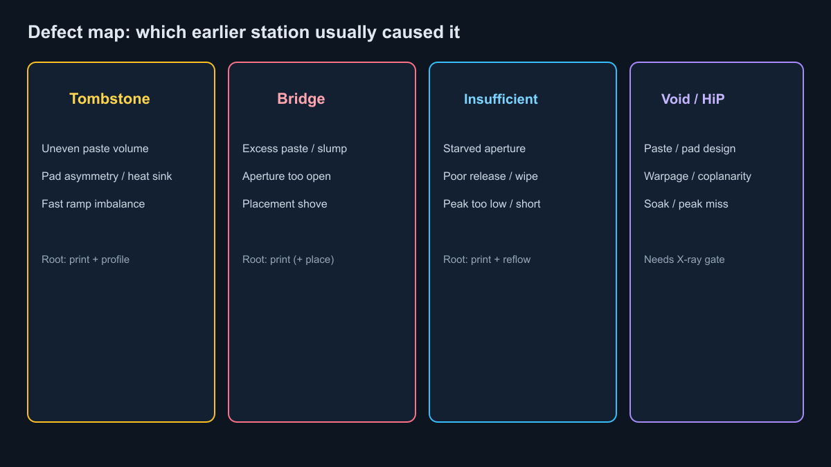SMT defect map tombstone bridge insufficient void head-in-pillow to root station