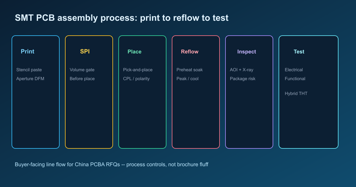 SMT PCB assembly process from paste print through reflow AOI and test