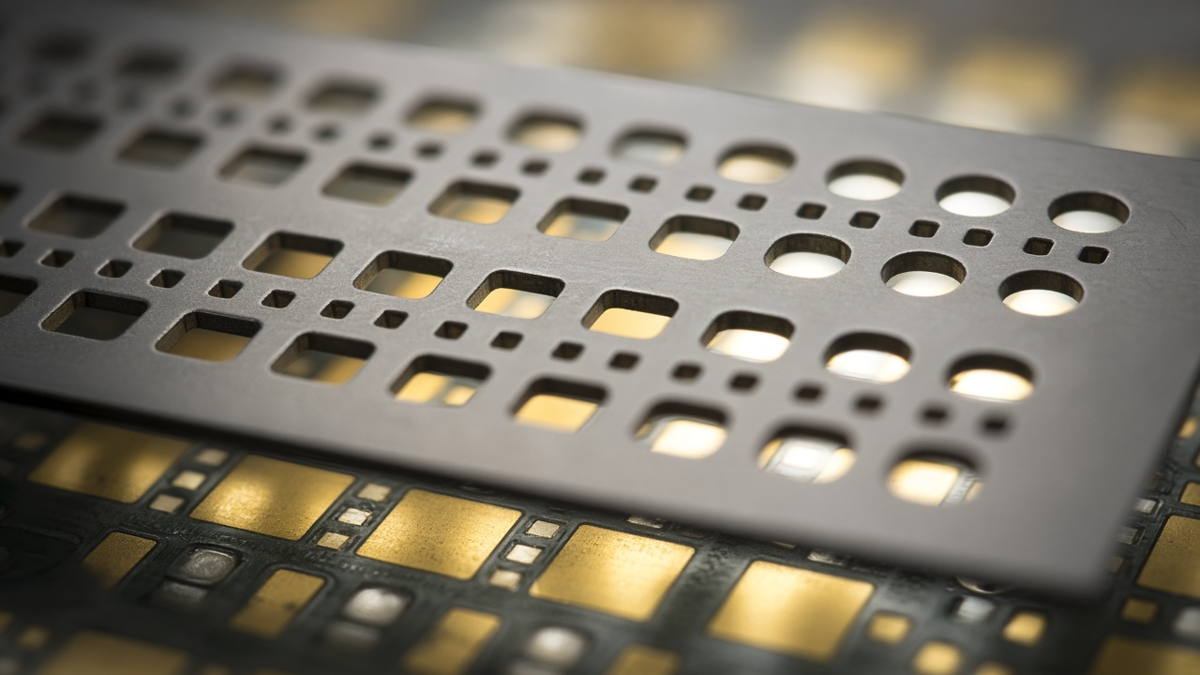 Close-up of laser-cut stencil apertures above PCB pads showing fine-pitch and small round openings