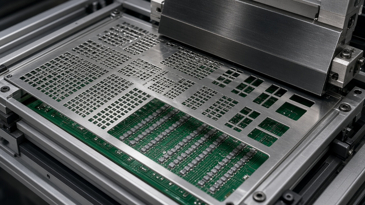 Laser-cut stainless SMT stencil over a printed circuit board with fresh solder paste deposits on fine-pitch pads