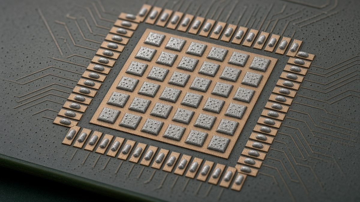 QFN footprint on a PCB with windowpane solder paste pattern printed on the thermal pad