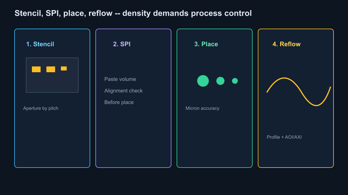 Stencil paste placement and reflow discipline for dense SMT