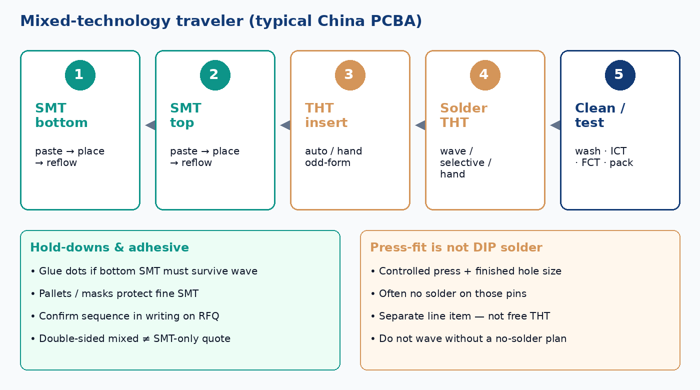 Mixed PCBA sequence: SMT bottom and top reflow, then THT insert, then wave or selective or hand