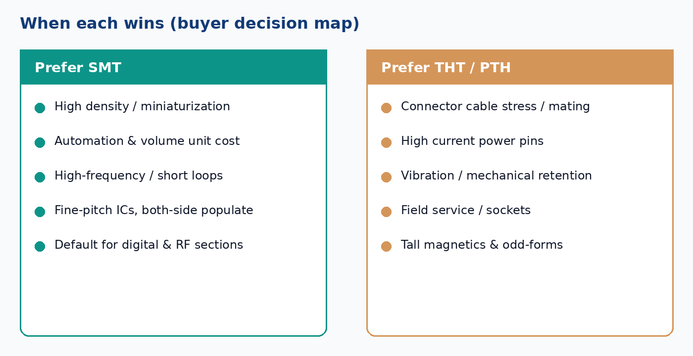 SMT vs DIP/through-hole decision: density and automation on one side, mechanical strength and serviceability on the other