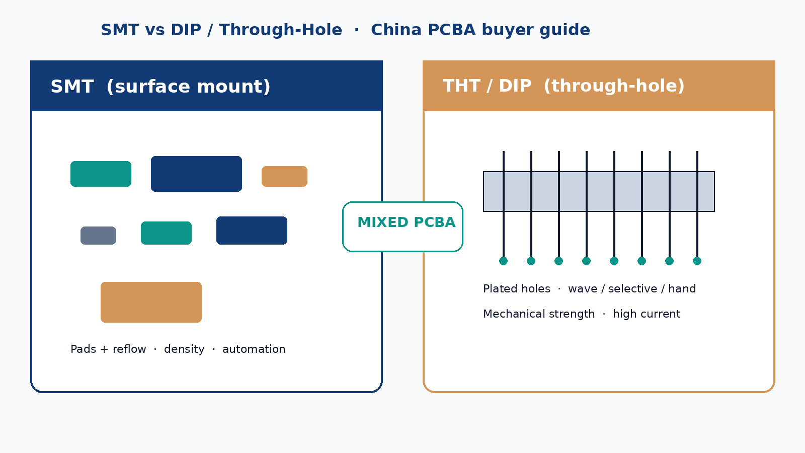 SMT vs DIP through-hole mixed PCBA: density and automation versus mechanical strength