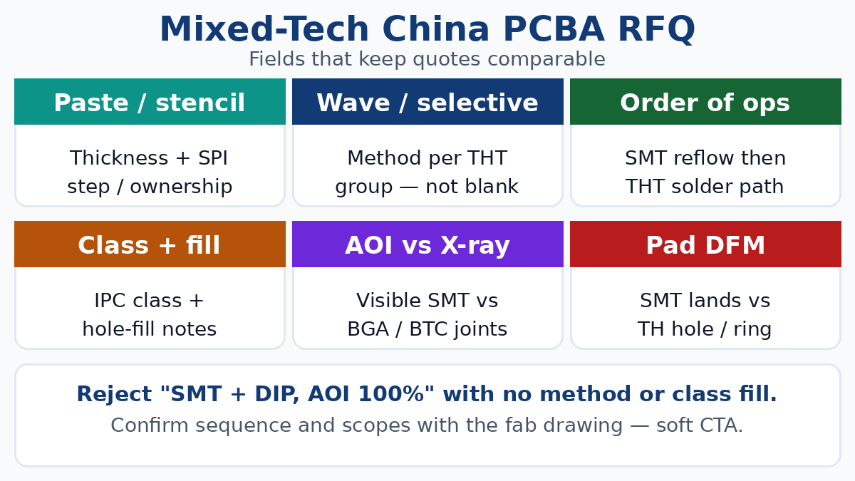 Mixed-tech China PCBA RFQ — paste, wave/selective, Class fill, AOI vs X-ray