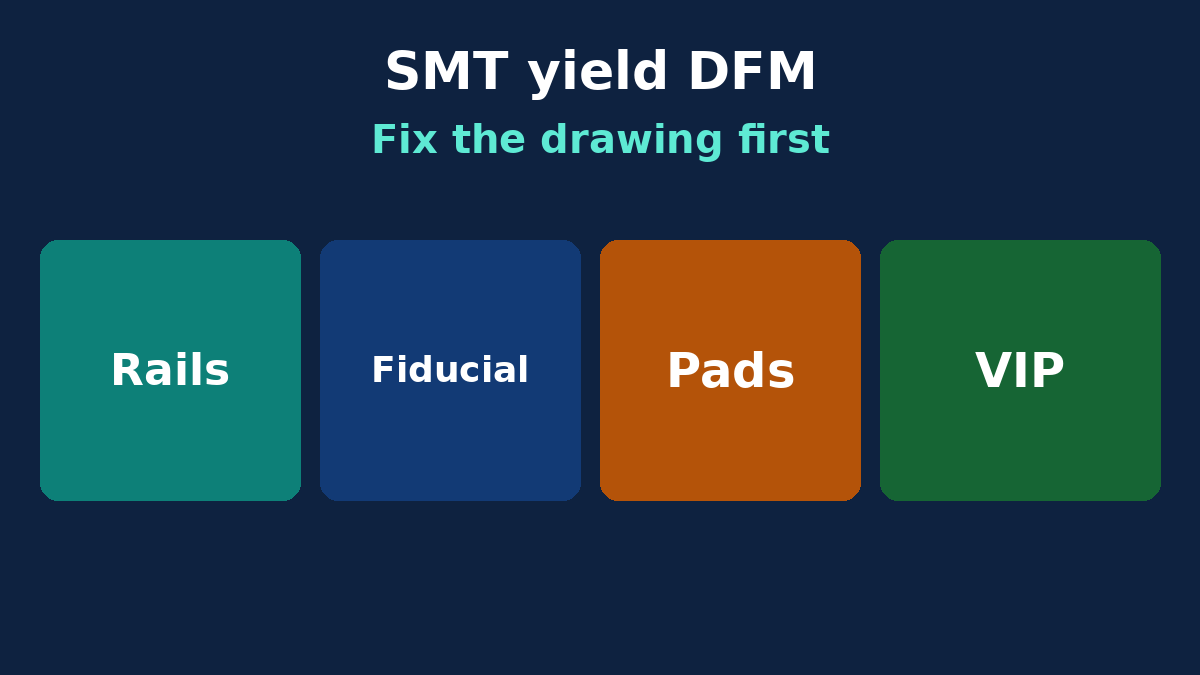 SMT DFM drawing locks: rails, fiducials, pad balance and via-in-pad treatment