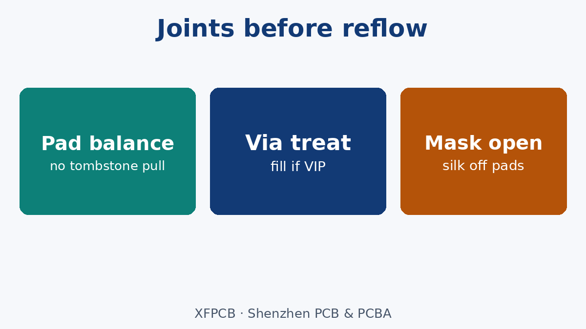 Pad balance and via treatment before reflow physics bites