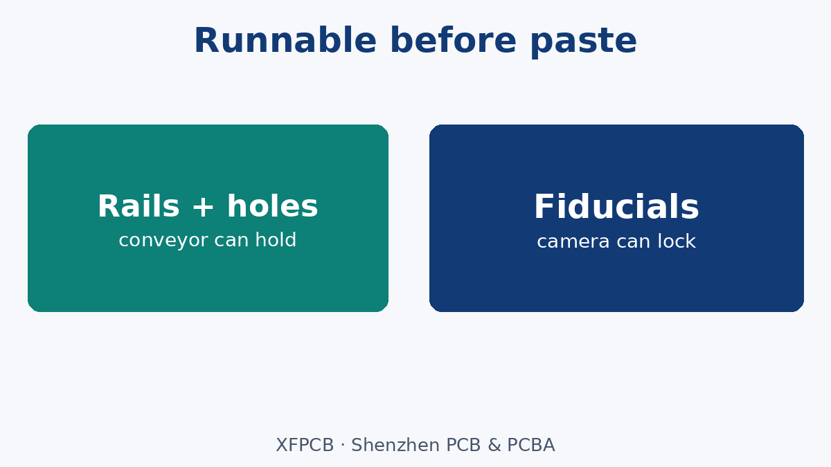 Rails and fiducials make the board runnable before paste