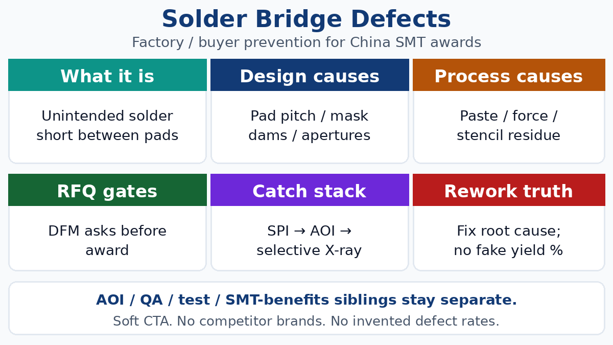 Solder bridge defects — factory buyer prevention and inspection gates