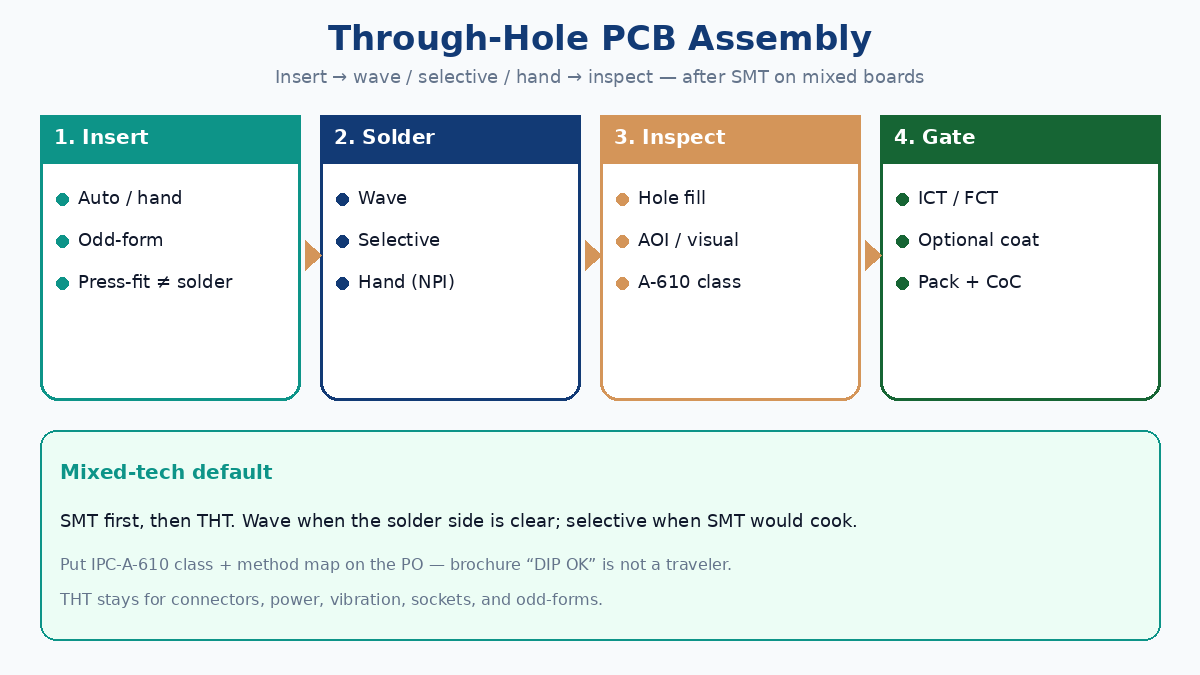 Through-hole PCB assembly: insert, wave or selective solder, inspect — after SMT on mixed boards