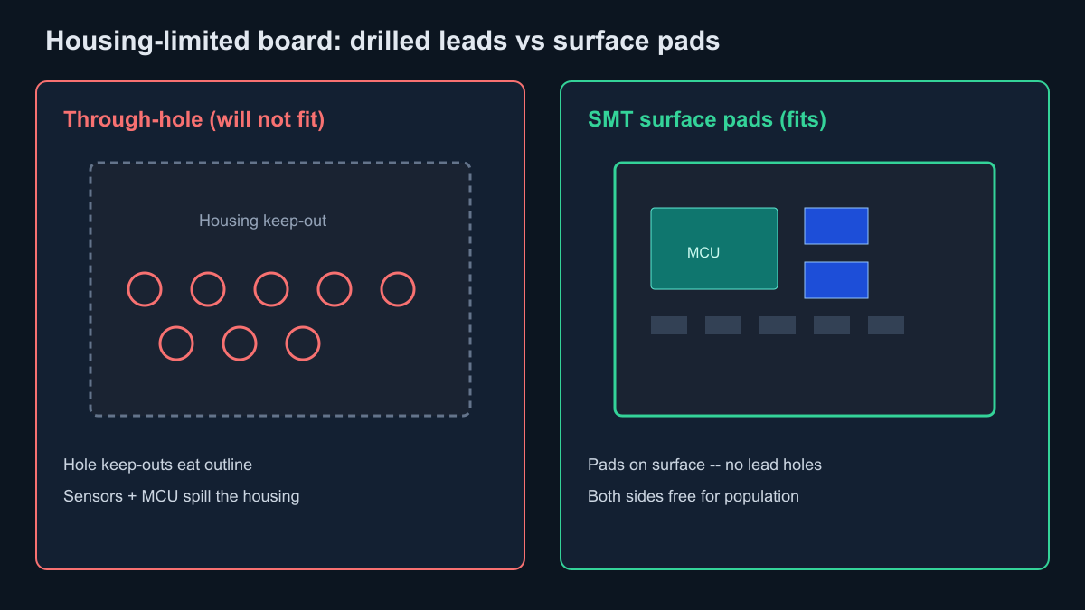 Through-hole drilled leads crowding a housing versus SMT surface pads