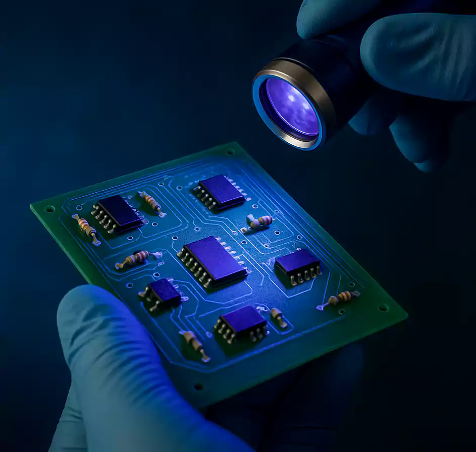 UV inspection of conformal coated PCB highlighting coverage under blacklight