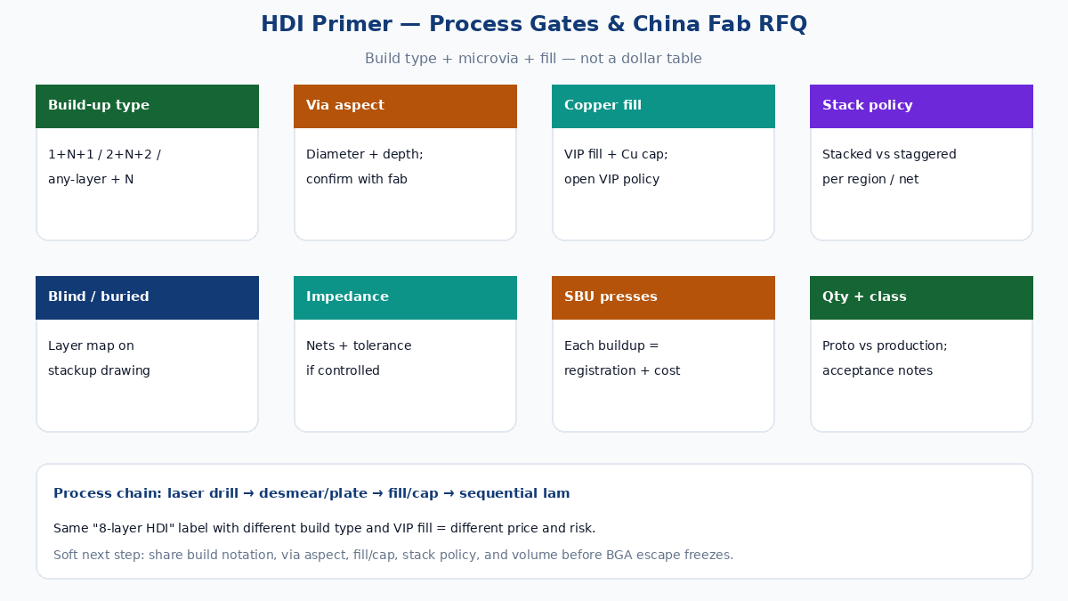 HDI PCB primer — build type, microvia role, and China fab RFQ fields