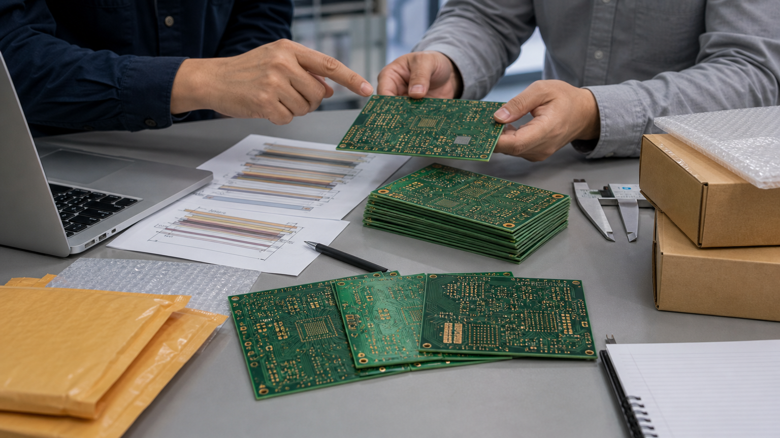 Procurement team reviewing PCB samples for China plus one supplier strategy